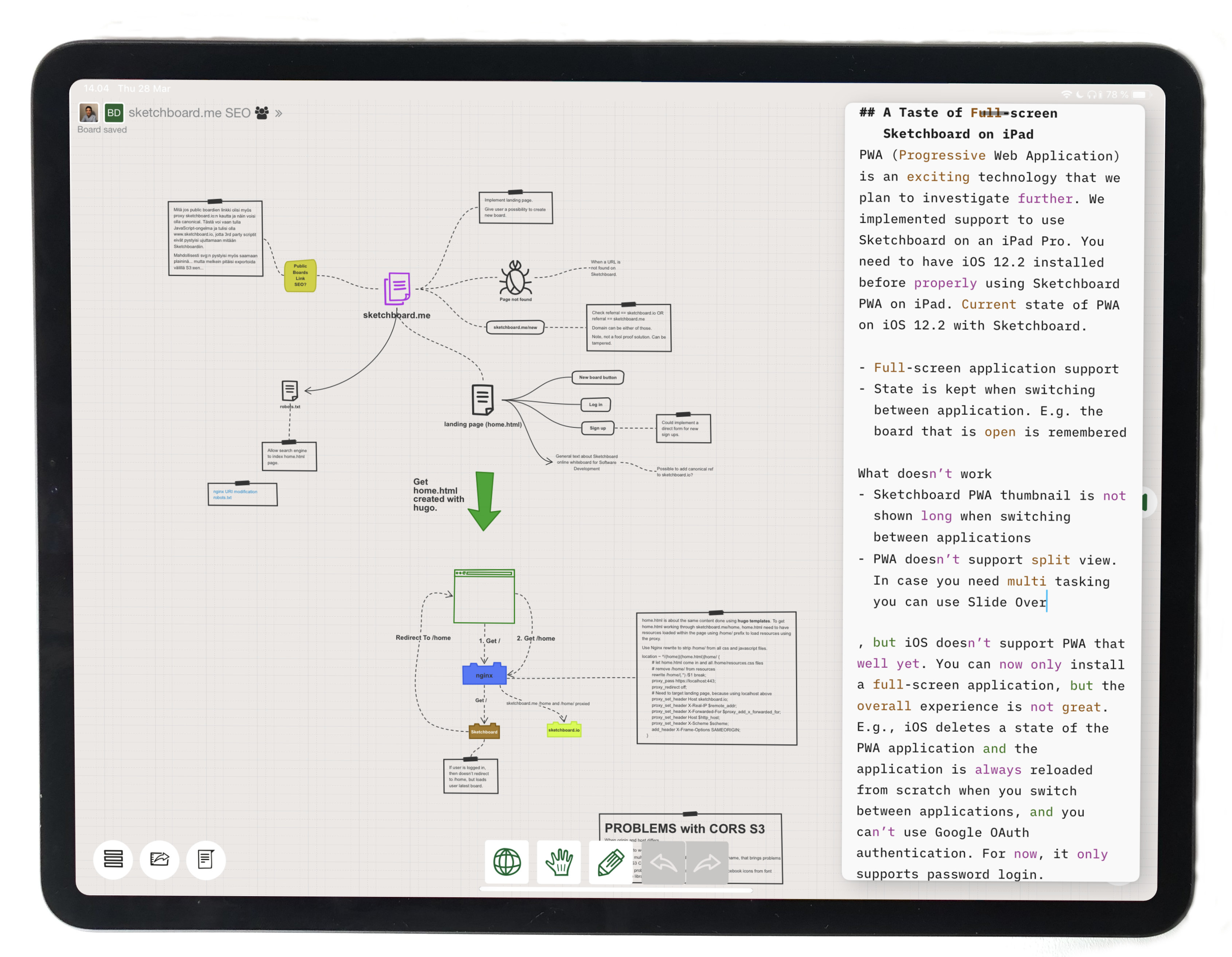 Sketchboard PWA Slide Over With iA Writer