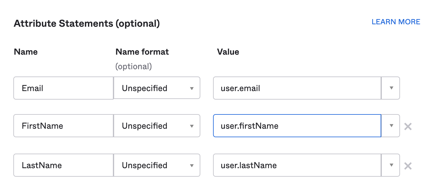 Okta SSO SAML Attribute Statements