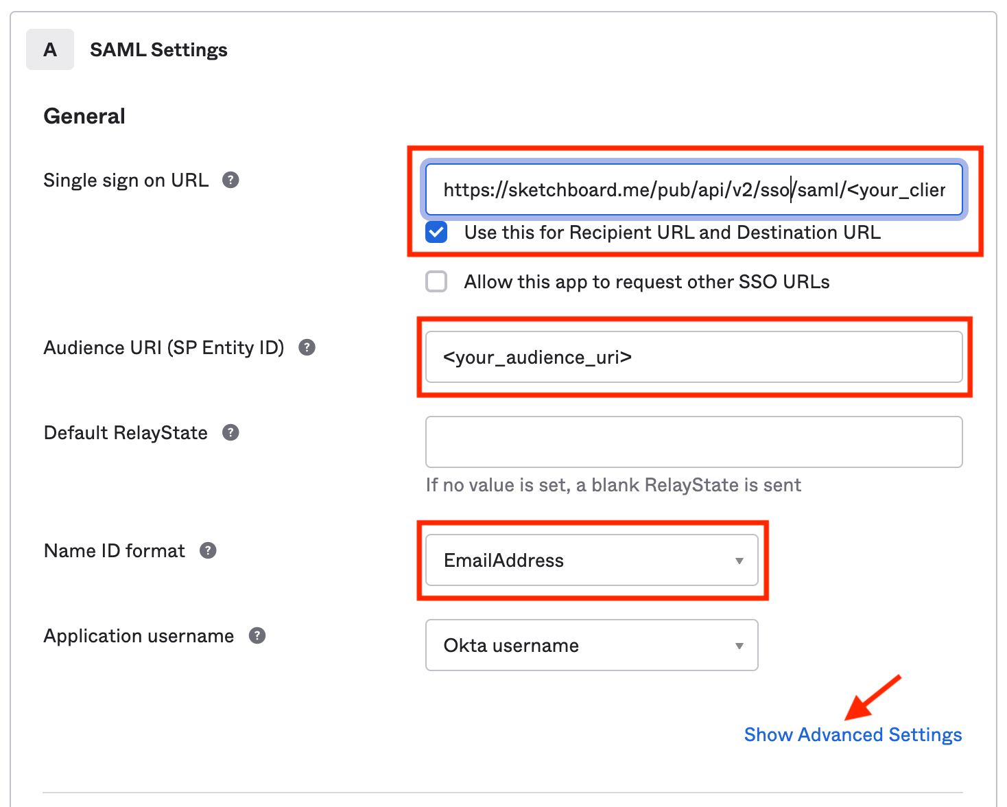 Okta SSO SAML Settings for Sketchboard